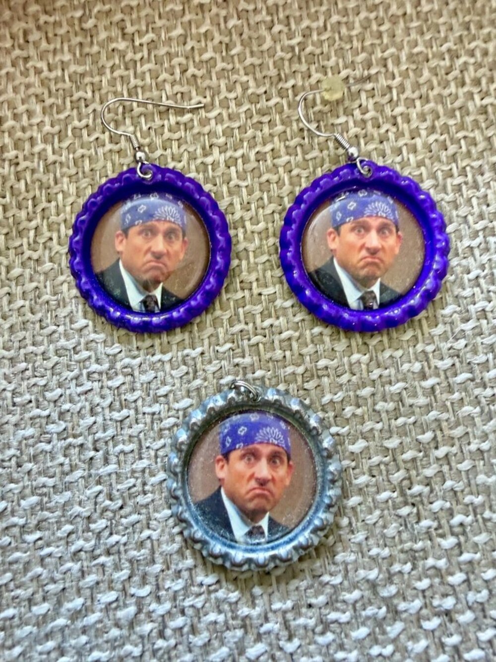 Prison Mike The Office Michael Scott Handmade Bottle Cap Earrings Pendant Charm